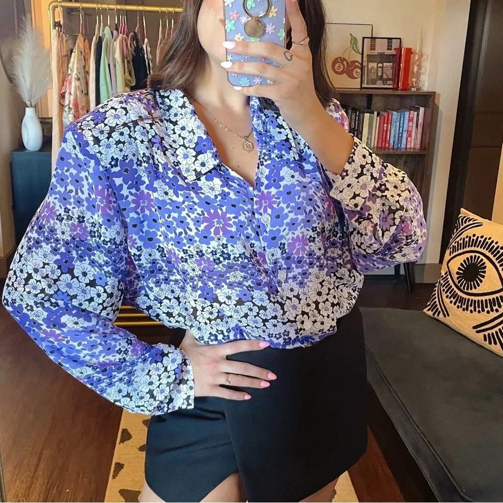 Vintage Purple Floral Long Sleeve Blouse